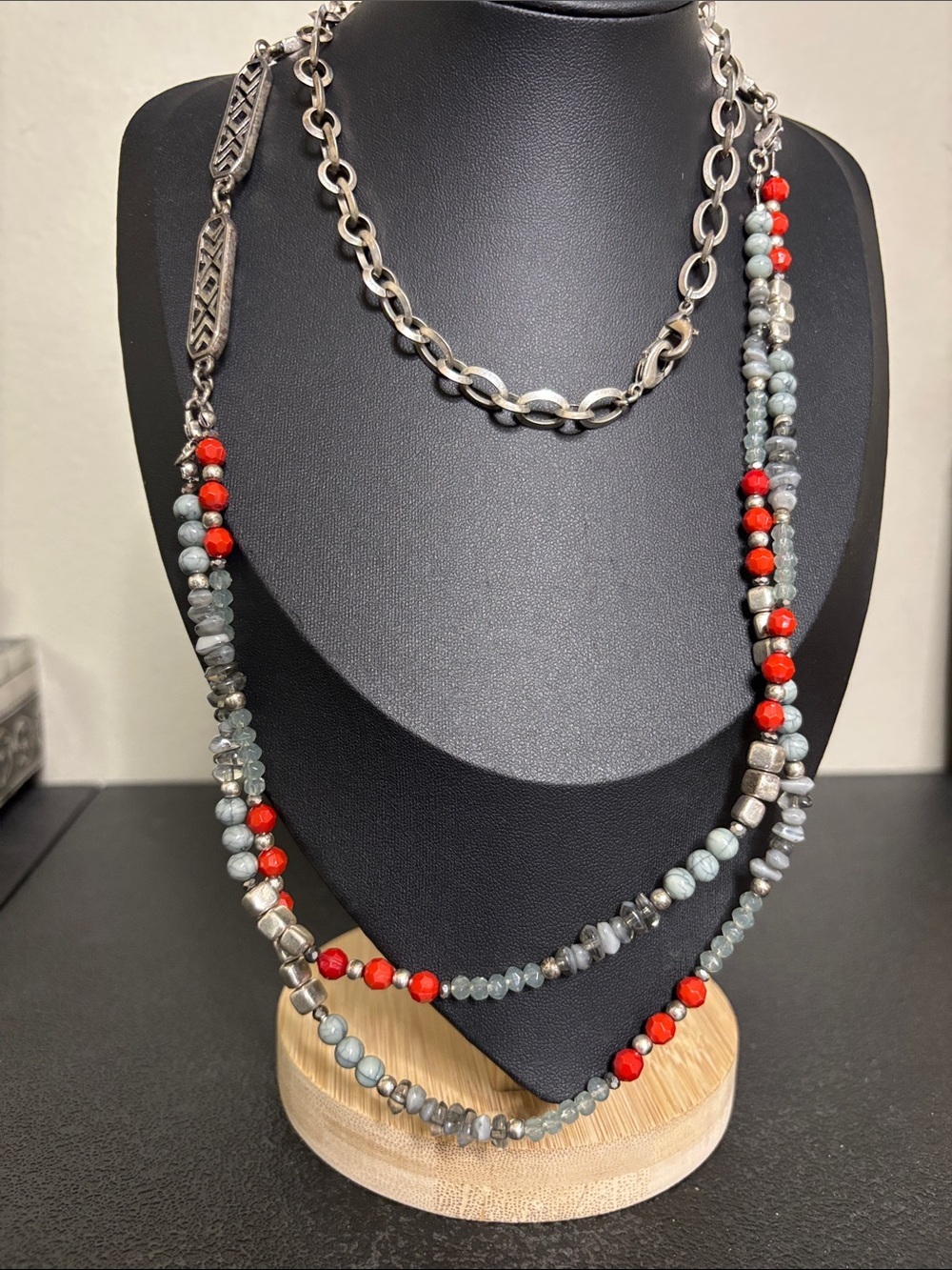 Boho Red Gray Stone Beaded Long Necklace Statement Women Jewelry